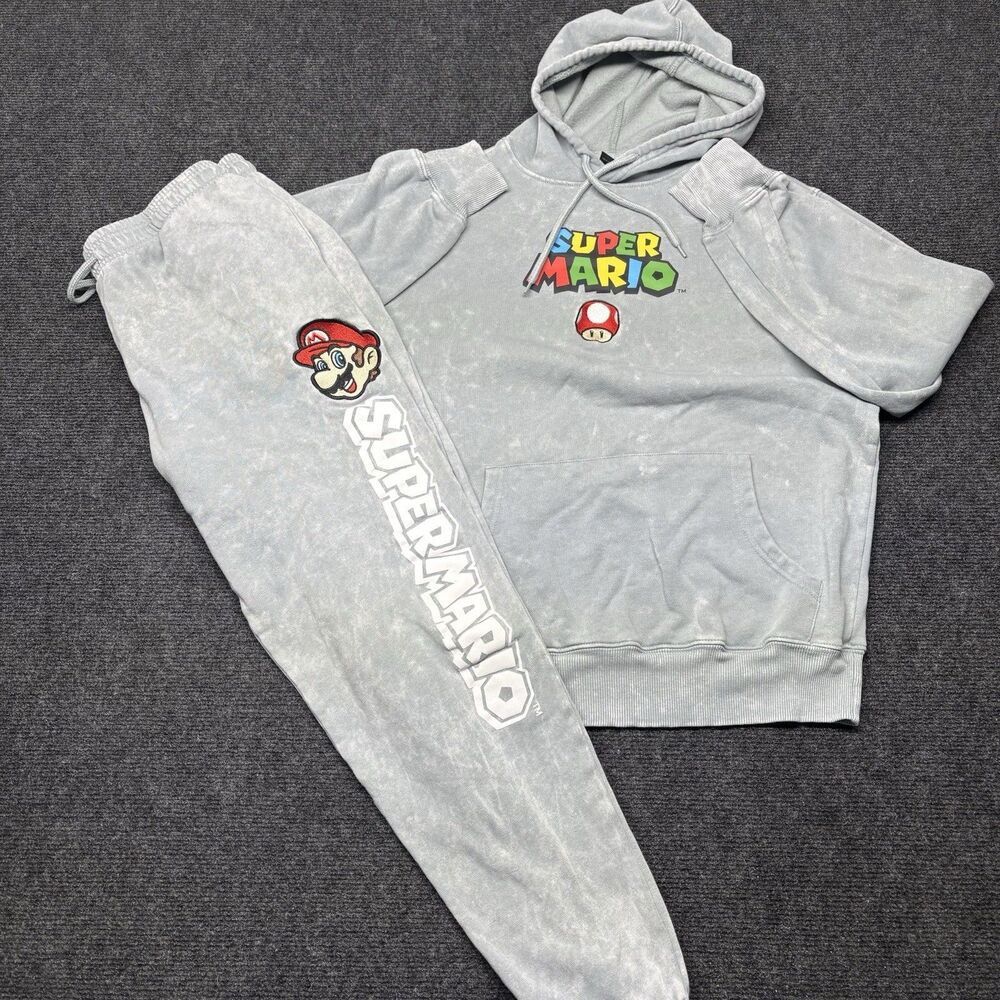 Nintendo Super Mario Mineral Wash Hoodie Sweatpants Set Gray Tracksuit Small